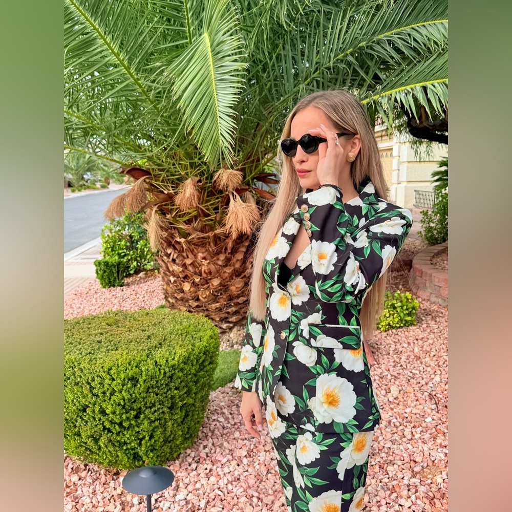 245 ‘Boss Baby’ Floral Black Women's Pantsuit With Gold Buttons